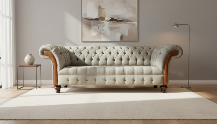 Chesterfield 3-zits Beige Woonkamer Design Banken Bekleding Bank Banken Textiel