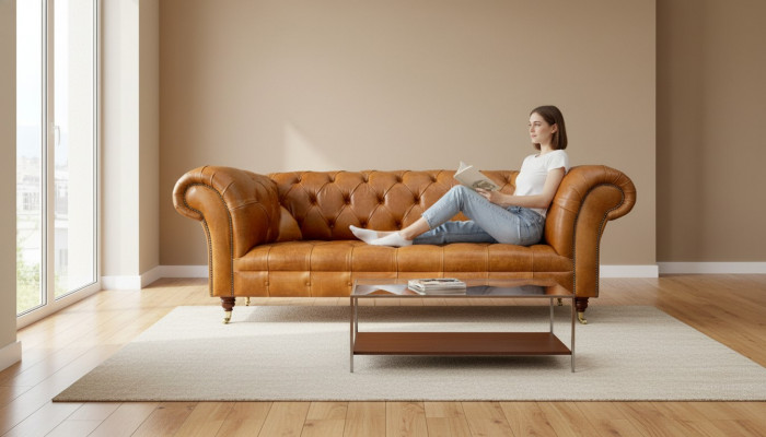Chesterfield 3-zitsbank Walnootbruin Modern Ontwerp Leren Bank Creatief Meubilair