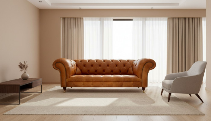 Chesterfield 3-zitsbank Walnootbruin Modern Ontwerp Leren Bank Creatief Meubilair
