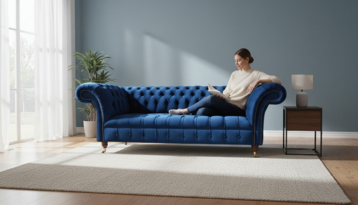 Chesterfield 3-zits Blauw Design Banken Bekleding Bankstellen Velours Stof Textiel Luxe