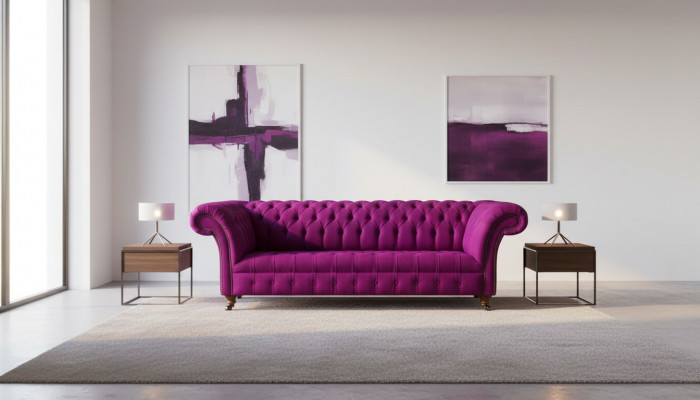 Chesterfield 3-zits bank in lila stof, ontwerp bankstellen, gestoffeerde banken, nieuw creatief sofa.