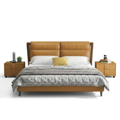 Ontwerp lederen bed luxe gestoffeerde bedden tweepersoons slaapkamer 180x200 oranje meubels