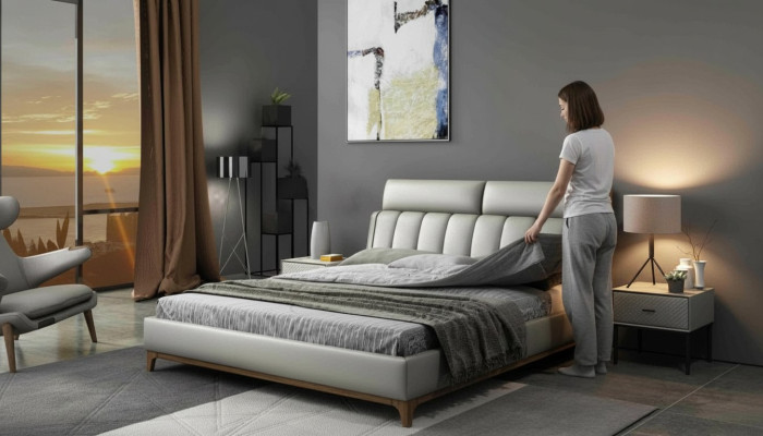 Moderne design bed 180x200 leer hout bedden dubbele slaapkamer.