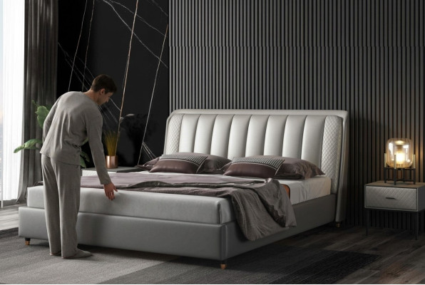 Ontwerper bed Slaapkamer bedden Textiel Leer Hotel Luxe Bekleding XXL Groot Hout
