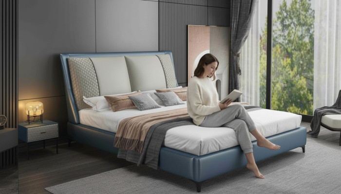 Ontwerper bed slaapkamer bedden textiel leer hotel luxe bekleding fluweel stof.