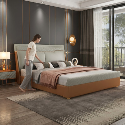 Luxe slaapkamerbed met gestoffeerd design, luxe tweepersoonsbedden van leer, hotel.