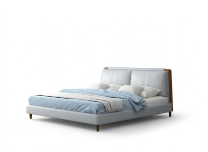 Moderne tweepersoonsbed van 180x200 in wit lederen design op houten poten.