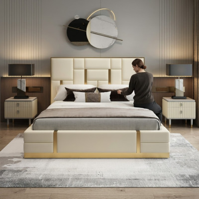 Modern luxe-bed slaapkamer Italiaans lederen gestoffeerd dubbel bed metaal ontwerp.