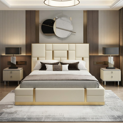 Modern luxe-bed slaapkamer Italiaans lederen gestoffeerd dubbel bed metaal ontwerp.