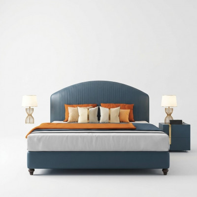 Bed met gestoffeerd design, luxe metaal, tweepersoonsbedden, huwelijksslaapkamer blauw.
