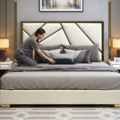Bed Kussendesign Luxe Dubbele Hotelbedden Slaapkamer Decoratie Leer Nieuw