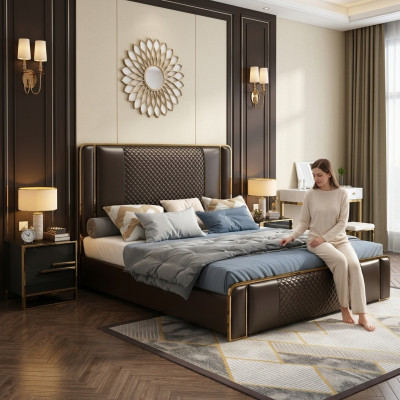 Luxe designerbed voor de slaapkamer, bekleed met fluweel, meubelbedden stof