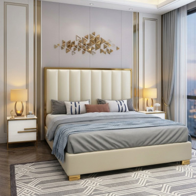 Bedden Bed hout leer bekleding huwelijk design leer hotel boxspring meubels