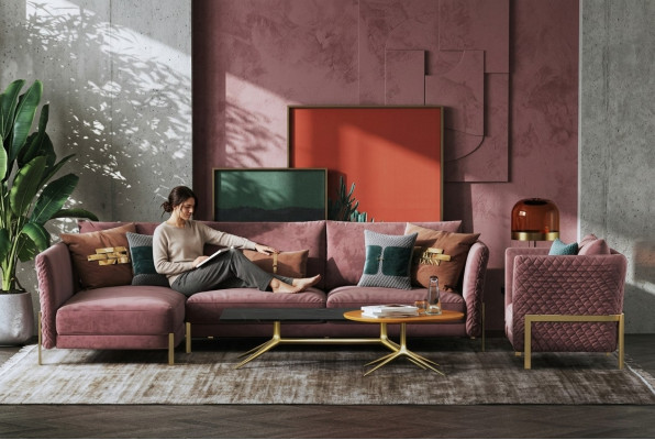Woonlandschap hoekbank L-vorm fauteuil set garnituur modern stoffenbank