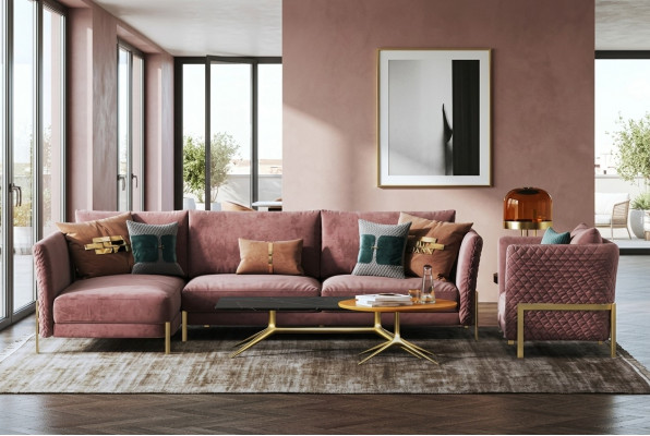 Woonlandschap hoekbank L-vorm fauteuil set garnituur modern stoffenbank