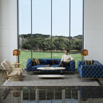 Ledersofa bankstel 3+2 zits set met gestoffeerde bank bank bankstel