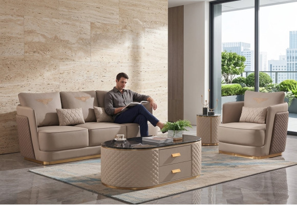 Sofaset 3+1 zits Klassieke setten Lederen banken Bankstellen Bekleding