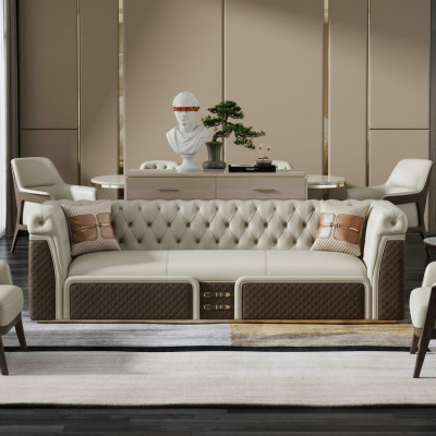 Bank Driepersoons Bankstel Stijl Modern Gestoffeerd Chesterfield Leer Bankstellen.