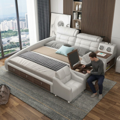 Multifunctioneel bed met luxe design, leren bedden, hotel dubbele opbergplank.