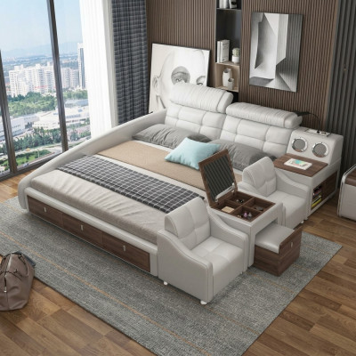 Multifunctioneel bed met luxe design, leren bedden, hotel dubbele opbergplank.