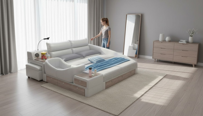 Bed Multifunctional Shelf Cabinet USB Charging Station Double Leather Beds