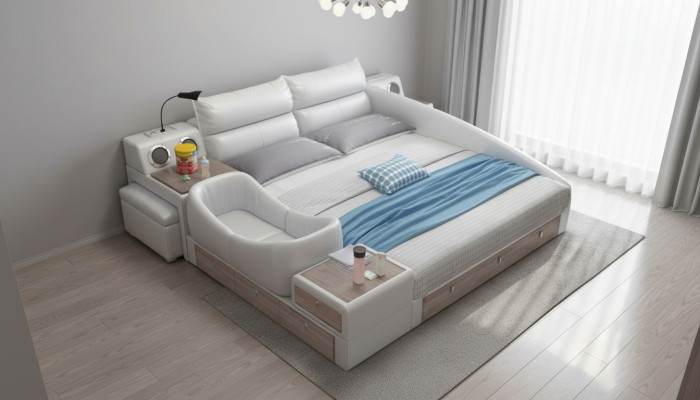 Bed Multifunctional Shelf Cabinet USB Charging Station Double Leather Beds