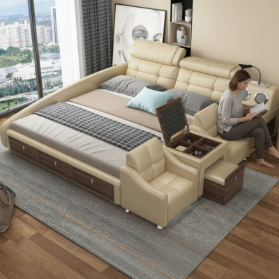 Lederen bedden gestoffeerd tweepersoons multifunctioneel 180x200 lederen bedframe design