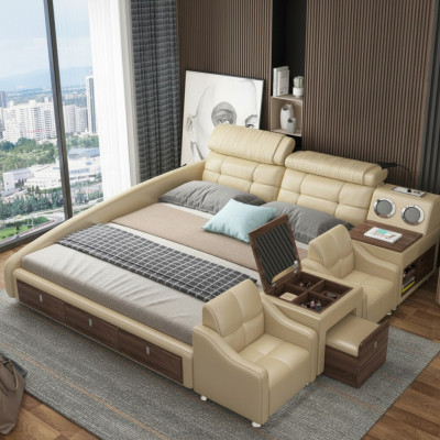 Lederen bedden gestoffeerd tweepersoons multifunctioneel 180x200 lederen bedframe design