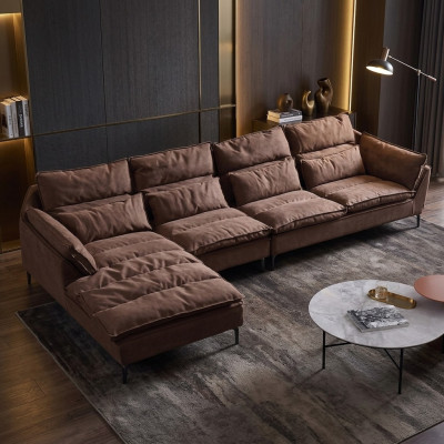 Woonkamer Ontwerp Hoek Stof Leder Bruin Luxe Bank Bank Bekleding L-Vorm Nieuw