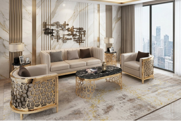 Ontwerp Lounge banken van leer Relax Modern NIEUW Beige Zitmeubilair 3+1+1 zitter.