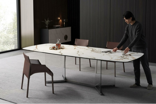 Eetkamer Woonkamer Ontwerp Luxe Modern Tafels Roestvrijstalen Poten Marmer Imitatie Nieuw
