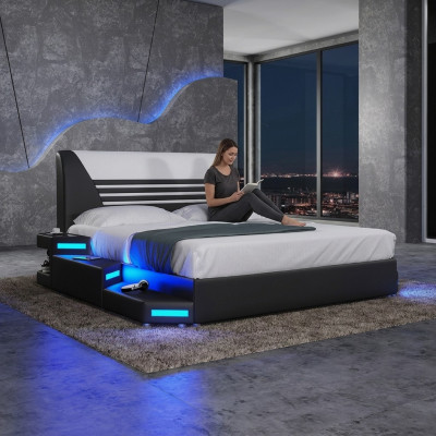 Bedden Stijlvolle design tweepersoonsbed meubels gestoffeerd leder Wit 180x200 NIEUW