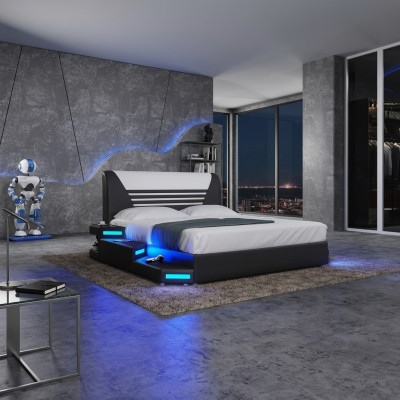 Bedden Stijlvolle design tweepersoonsbed meubels gestoffeerd leder Wit 180x200 NIEUW