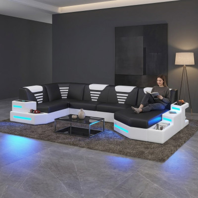Eckbank Sofa Bank Bekleding Hoek Lederen Bankstellen Woonlandschap U Vorm + LED