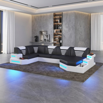 Eckbank Sofa Bank Bekleding Hoek Lederen Bankstellen Woonlandschap U Vorm + LED