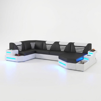 Eckbank Sofa Bank Bekleding Hoek Lederen Bankstellen Woonlandschap U Vorm + LED