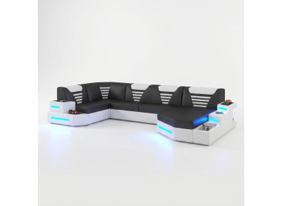 Eckbank Sofa Bank Bekleding Hoek Lederen Bankstellen Woonlandschap U Vorm + LED