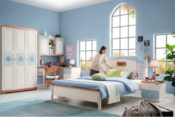 Slaapkamer set 5-delig. Bed 2x Nachtkastje Bureau Kinderbed Massief houten meubels