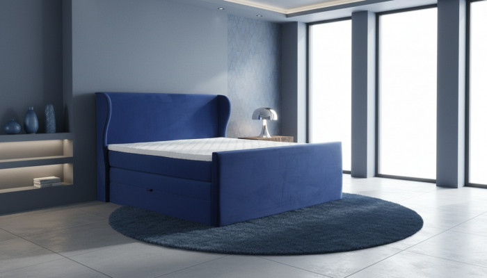 Designer-tweepersoonsbed in moderne stijl met minimalistische elementen.