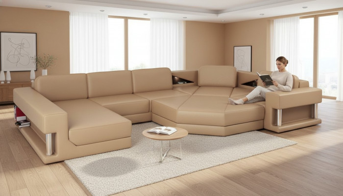 Woonlandschap Ontwerp Modern Bank Hoekbank Bank U-Vorm Leren Bank Bank Textiel Nieuw