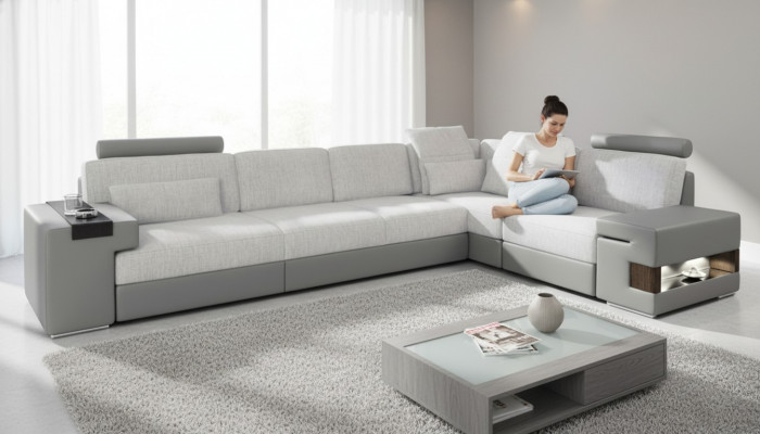 Ontwerp modern L-vormig bankstel Grijs NIEUW Bank Hoek Lederen woonkamer Bankstellen