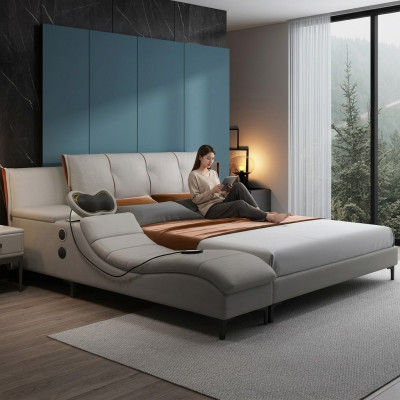 Multifunctioneel luxe ontwerp dubbel lederen bed gestoffeerd bed hotel geluid nieuw
