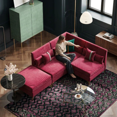 Woonlandschap L-vormige hoekbank Relax fluweel massief houten zitdesign bank lounge nieuw