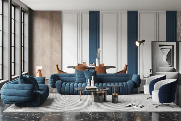 Blauw fluwelen bankstel 3+2 bankstel Luxe 2-delige woonkamerset