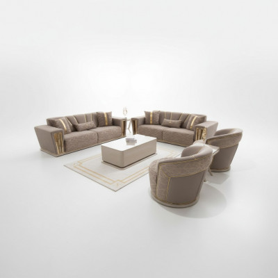 Sofa set compleet modern 3+3+1+1 zitsbank + salontafel textiel bank hout