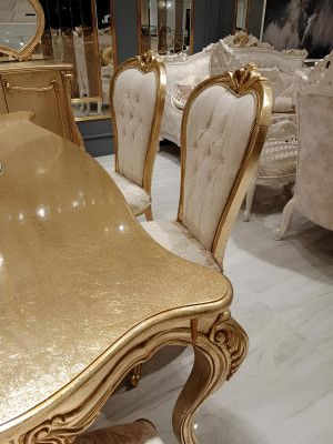 Klassieke eettafel + 6 stoelen + dressoir met spiegel Goud Houten commode Nieuw