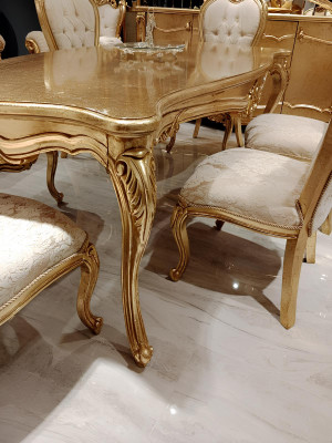 Klassieke eettafel + 6 stoelen + dressoir met spiegel Goud Houten commode Nieuw