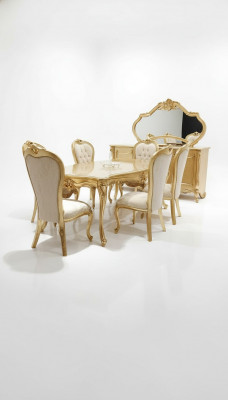 Klassieke eettafel + 6 stoelen + dressoir met spiegel Goud Houten commode Nieuw