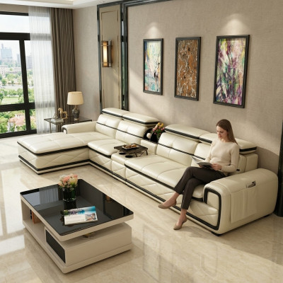 Luxe leren hoekbank L-vormig gestoffeerd modern relax zitmeubilair woonlandschap