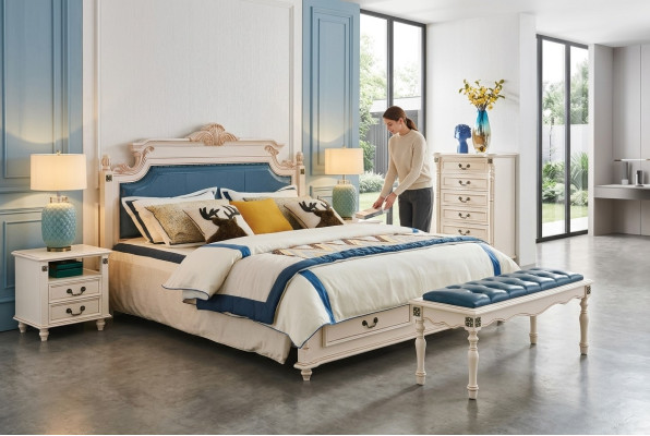 Bedden met gestoffeerde design luxe dubbele hotelbedden slaapkamer barok houten meubels nieuw